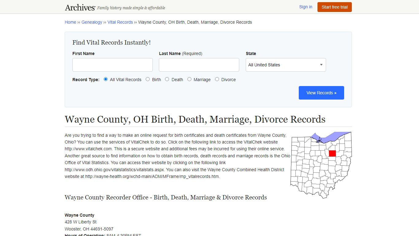 Wayne County, OH Birth, Death, Marriage, Divorce Records - Archives.com